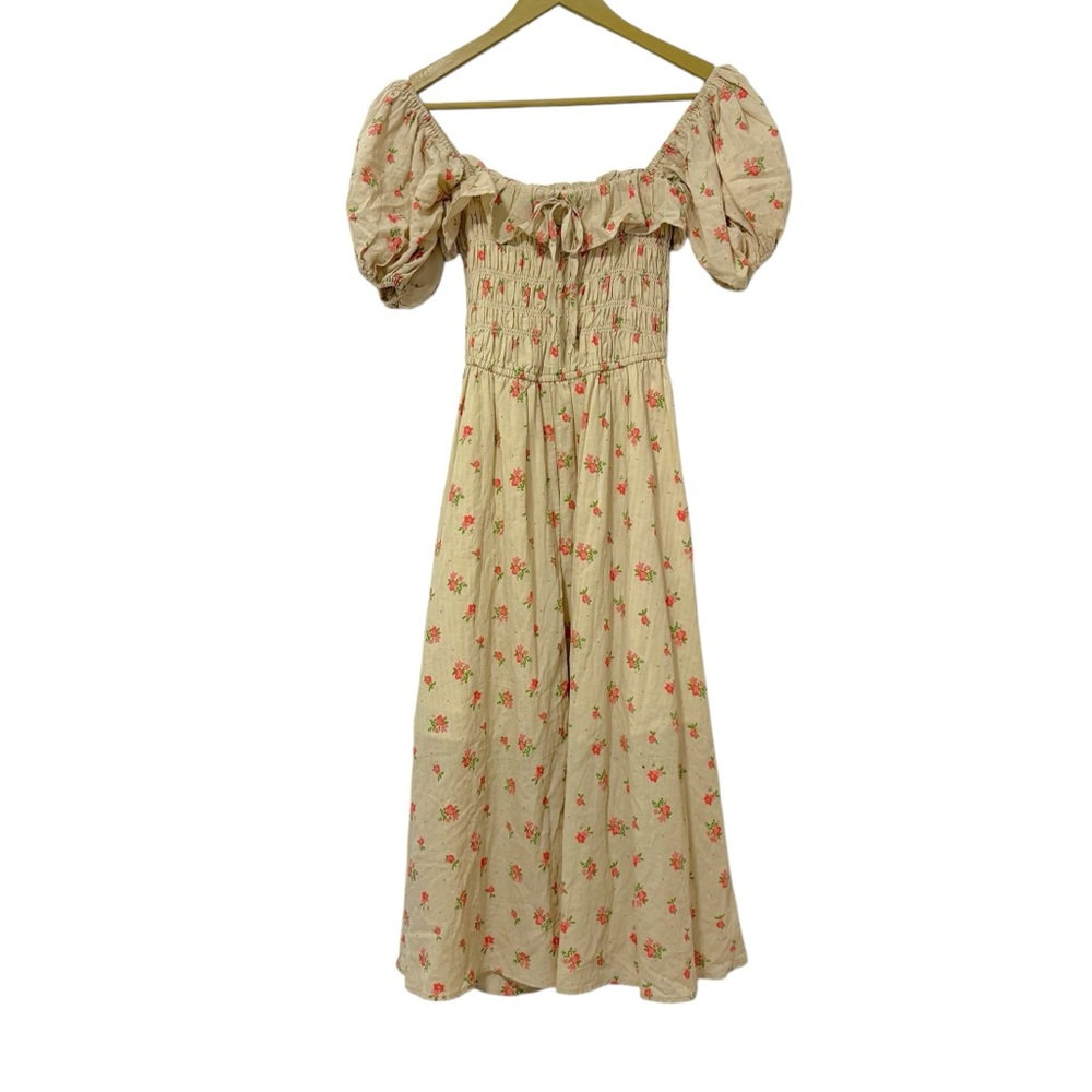 R. Vivimos Small Beige Pink Floral Puff Sleeve Milkmaid Midi Dress Cottagecore